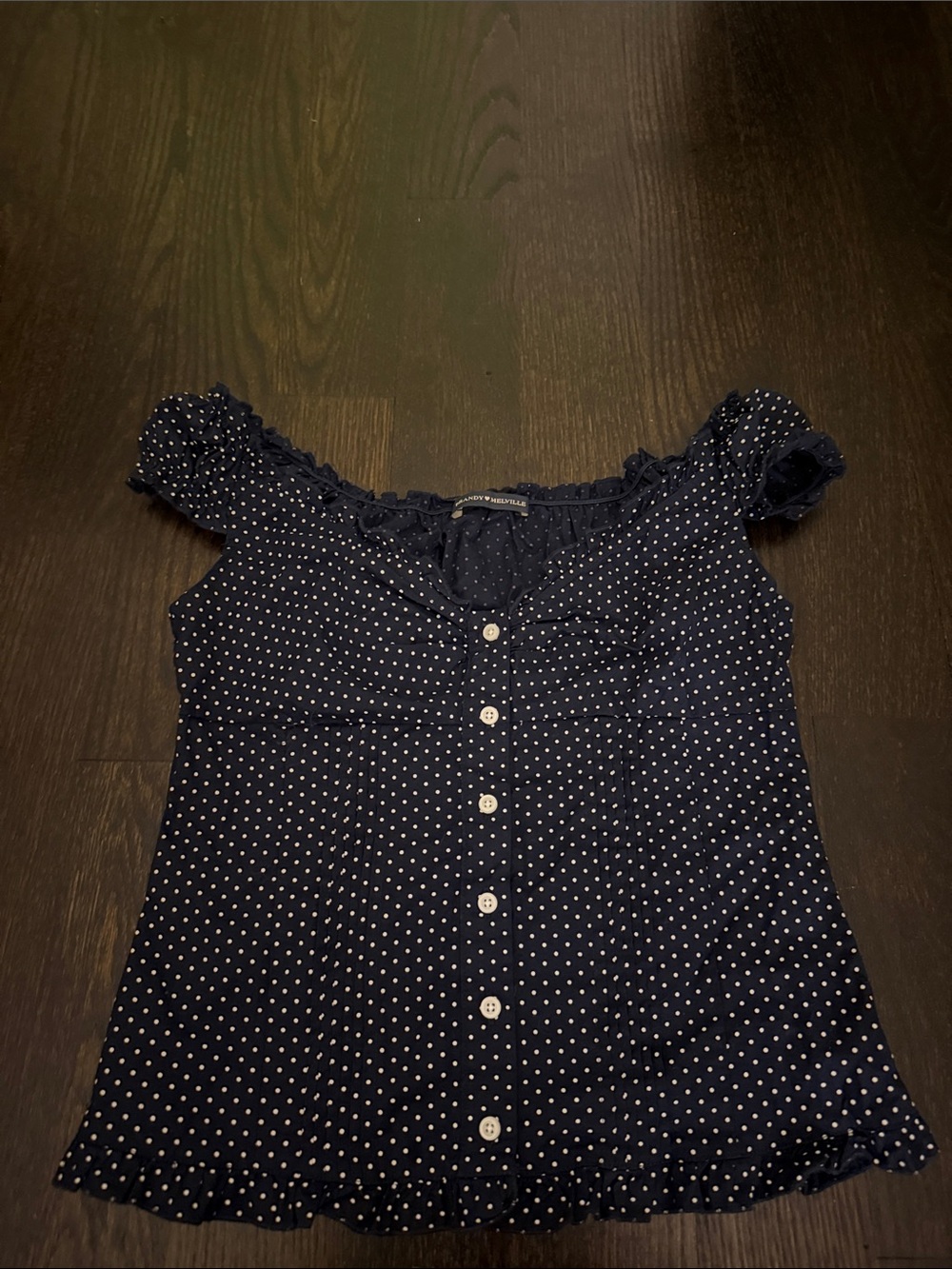Women’s Navy Polka Dot Button-Front Off-Shoulder Top